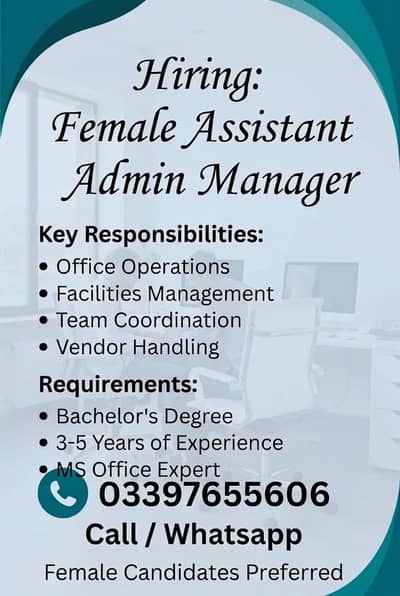 Hiring Female Assistant Admin Manager
