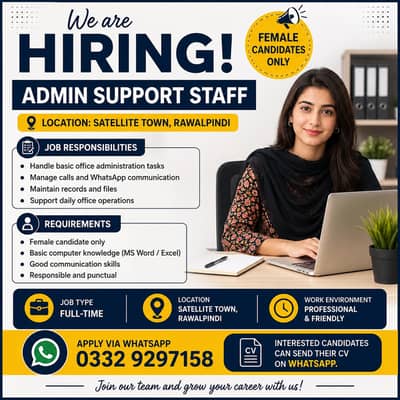 Female Admin Support Staff Required in Rawalpindi | Office Job | Sate