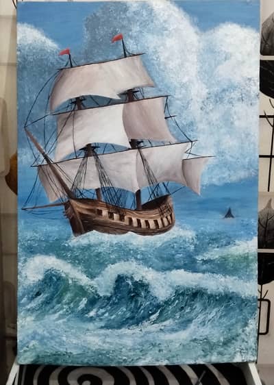 Handpainted Vintage Ship Acrylic Painting on Canvas