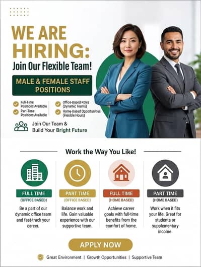 hiring staff male female for office base, home base.