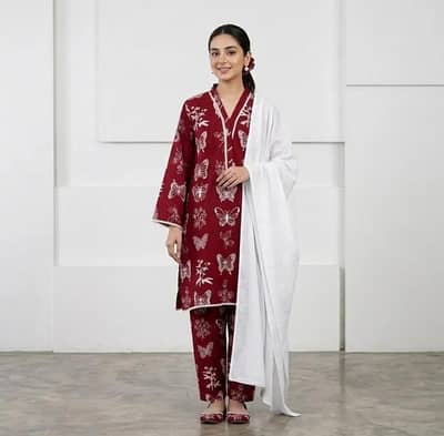 Maroon printed linen 3pcs set with chiffon dubatta