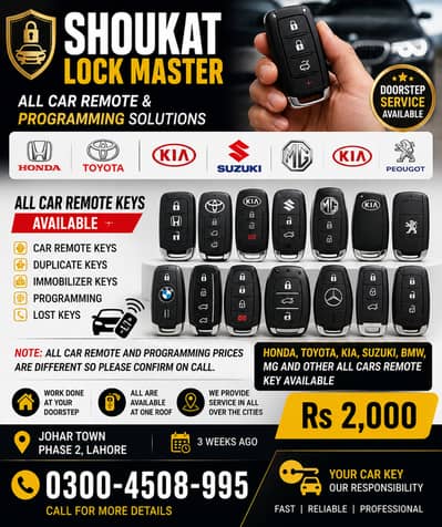Honda , Civic, Grande , Suzuki , Alto , KIA , All car Remote Keys