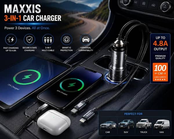 MAXXIS 3-in-1 Fast Car Charger 4.8A with Type-C, Lightning & Micro USB Cable | Universal Car Mobile Charger