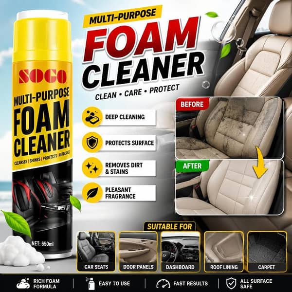 SOGO Multi-Purpose Foam Cleaner Spray – Car Interior & Exterior Cleaning Foam for Dashboard, Seats, Leather, Plastic & Fabric (650ml)