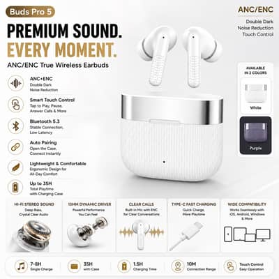 Buds Pro 5 Wireless Bluetooth Earbuds | HD Sound | Touch Control | No