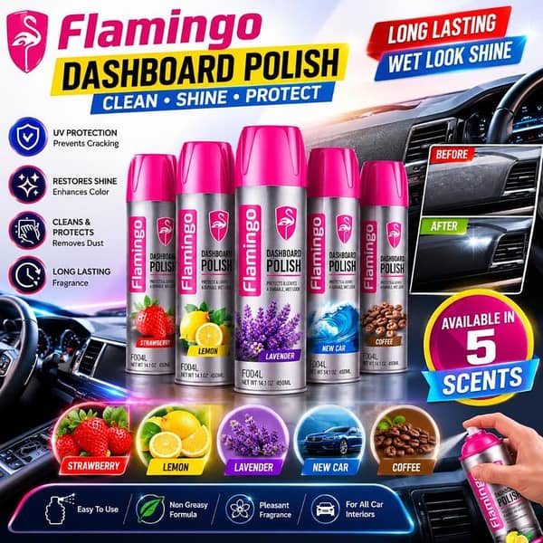 Flamingo Dashboard Polish Spray 450ml – Car Dashboard Cleaner & Shine Protectant | UV Protection | Available in 5 Fragrances