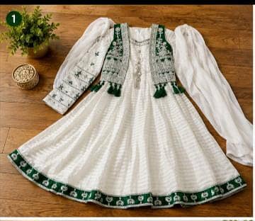 Girls white frock with green embroidered kurti. . complete 3 piece suit.