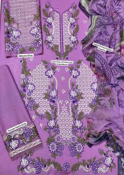 Elegant Lilac Chikankari Embroidered 3-piece Lawn suit