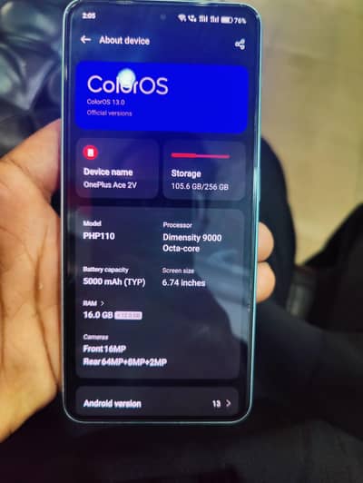 One Plus Ace 2V {16GB Ram 256GB Rom} All okay 10 by 10