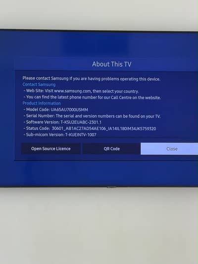 Samsung 65” Crystal UHD 4K Smart TV (AU7000) – Excellent Condition