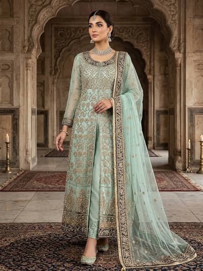 Luxury Bridal Maxi for Sale | Sky Blue Heavy Embroidered Dress | Weddi