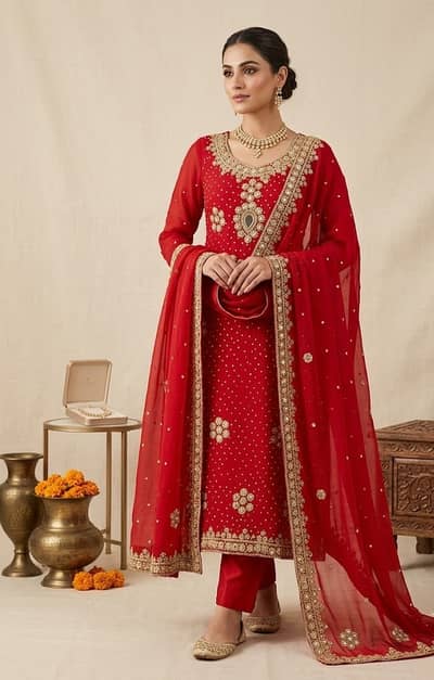 Red Embroidered Party Wear Dress | Fancy Maxi | Heavy Handwork | Forma