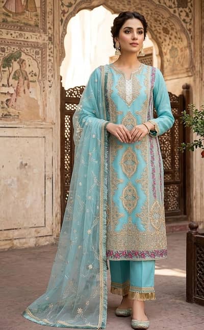 Sky Blue Luxury Maxi for Sale | Heavy Embroidered Formal Dress | Weddi