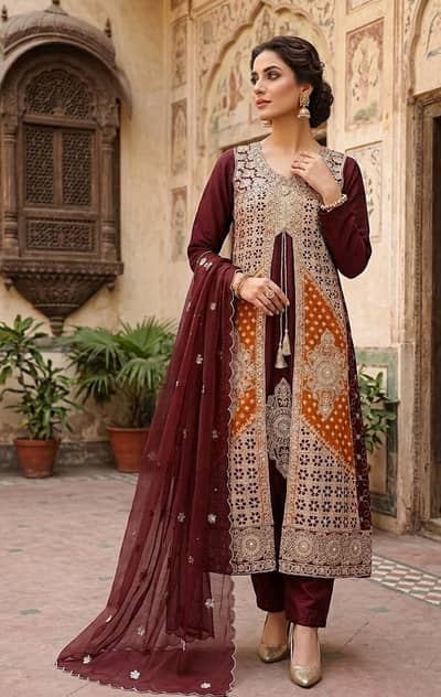 Maroon Fancy Dress 3 Piece | Heavy Embroidered Suit | Trouser & Dupatt