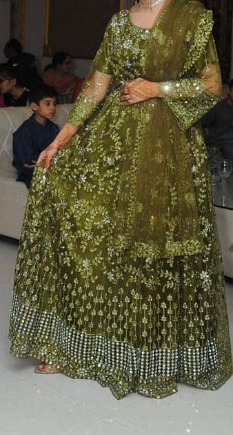 Fancy embroidered olive green maxi-perfect for wedding