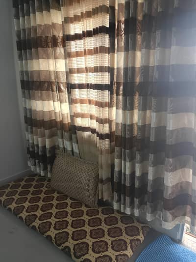 3 floor seating set with matching curtains for 2 windows