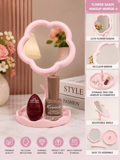 Flower Shape Desktop Makeup Mirror with Storage Tray