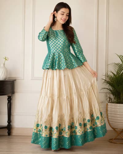 Elegant Girls Party Wear Lehenga Choli with Dupatta – Teal & Cream |