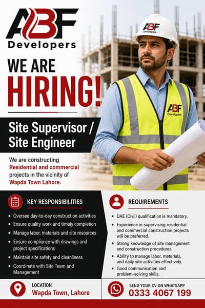 Hiring Site Supervisor /  Site Engineer Civil for Building Cons