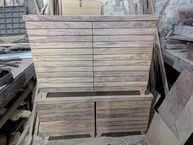 Modern Horizontal Slatted Wooden Bed Set