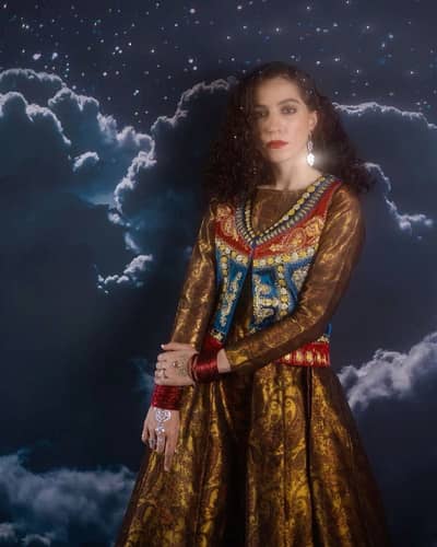 Elegant antique gold brocade maxi dress with embroidered koti