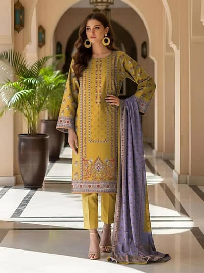 Gold Printed 3- piece Dobby lawn Suit for women