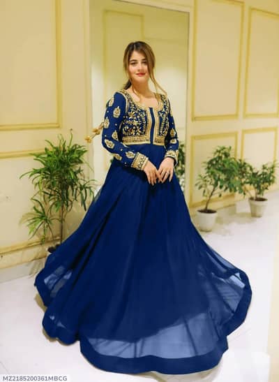 Blue Embroidered Maxi Dress with Trouser Set