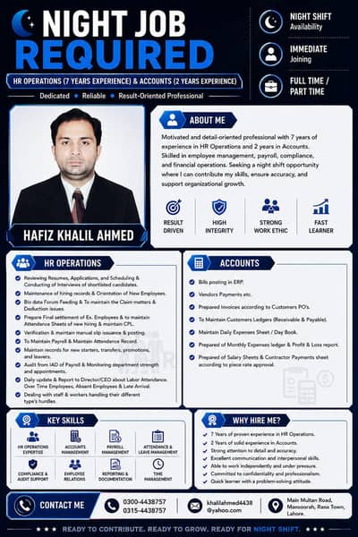 Job Requires for night/evening