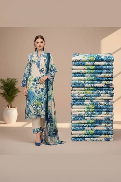 3 Piece Unstitched Printed Lawn Suit - Premium Blue Marine Collection