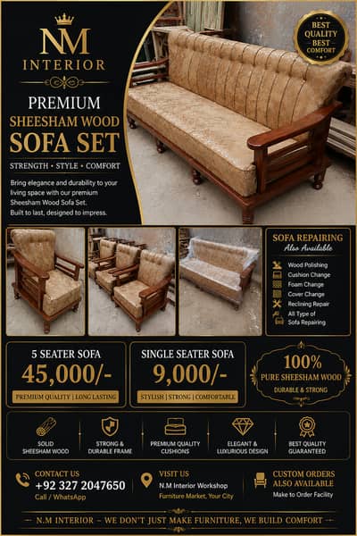 Premium Sheesham Wood Sofa Set | 5 Seater Sofa | Single Sofa