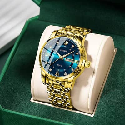 Men's Gold Plated Quartz Watch with Blue Dial
