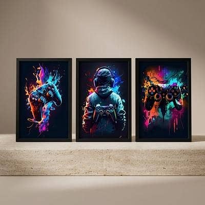 3Pcs Gaming Wall Art Abstract Multicolor Wood Frames