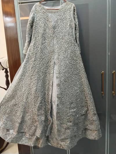 Heavy Embroidered Silver Grey Formal Maxi Dress for Wedding Party