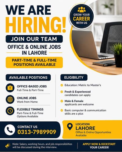 Part-Time / Full-Time Office & Online Staff Required – Lahore