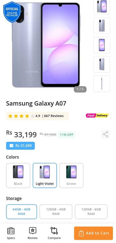 Samsung Mobile A07 4Gb 64Gb