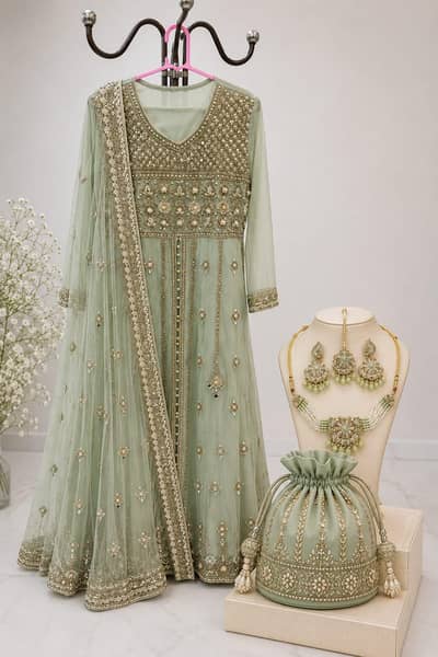 mint green bridal maxi with dupatta matching jewellery & potli