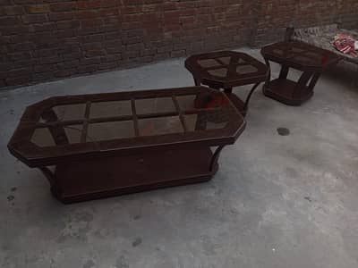 3 Wooden & Glass Table Set For Sale
