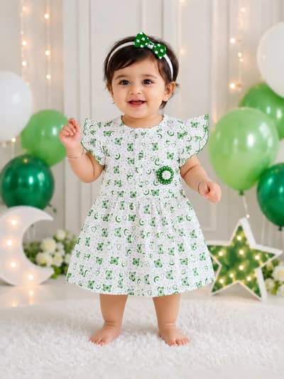 14 Aug White Green Printed 2Pc Frock for Baby Girl