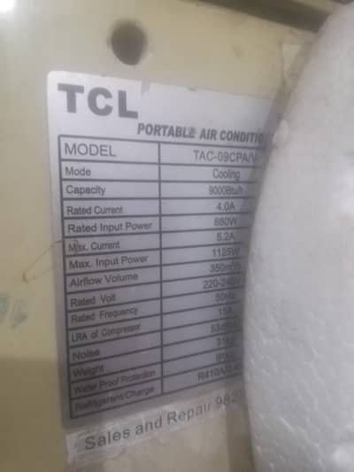 Tcl Portable ac 9000 Btu main chill cooling