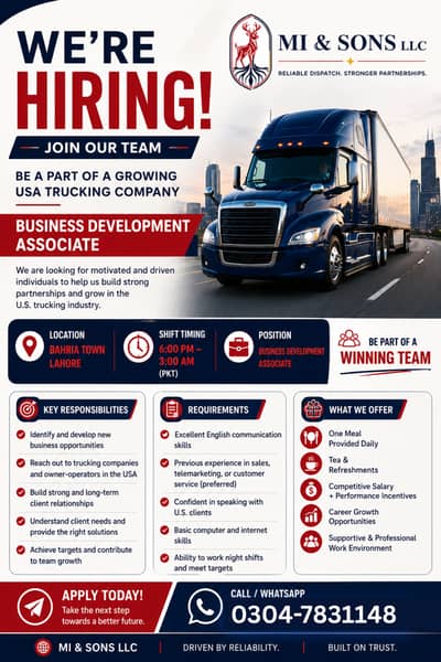 Hiring Business Development Associate - USA Trucking Company (Night S