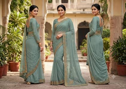 Elegant Sage Green Embellished Saree with tassles