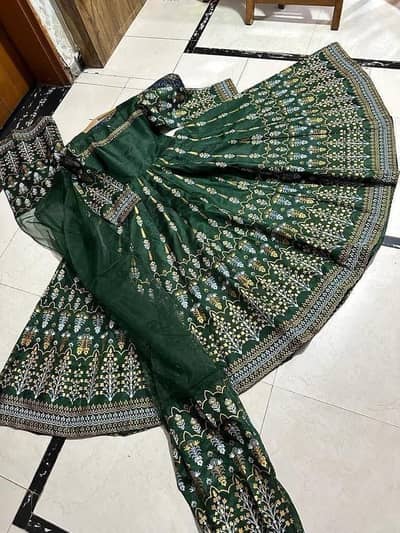 Green Silk Embroidered Maxi Suit With Dupatta & Trousers
