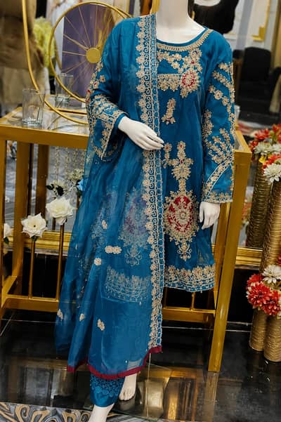 Elegant Teal Blue Wedding Wear Embroidered Frock for Women
