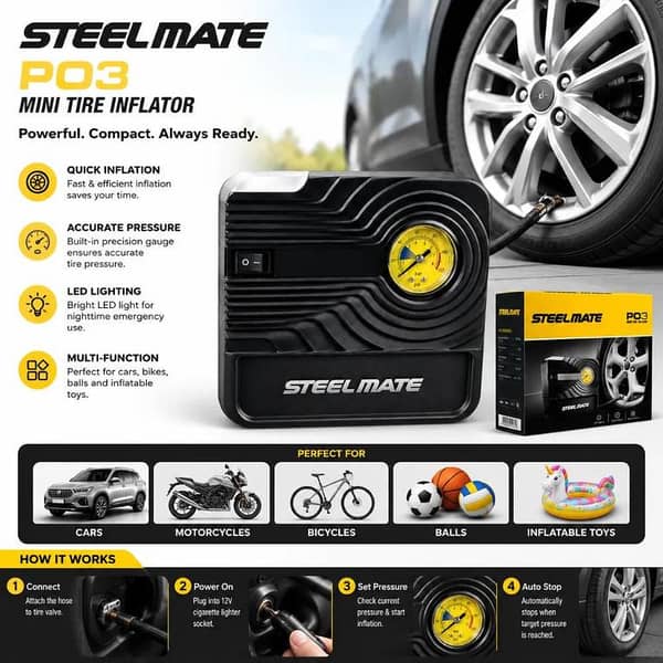 STEELMATE PO3 Mini Tire Inflator 12V Portable Air Compressor with Analog Pressure Gauge | Fast Tyre Inflator for Car, Bike, Bicycle & Sports Balls
