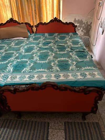 2 Single Beds with 2 Side Tables – Solid Wood Carved Set