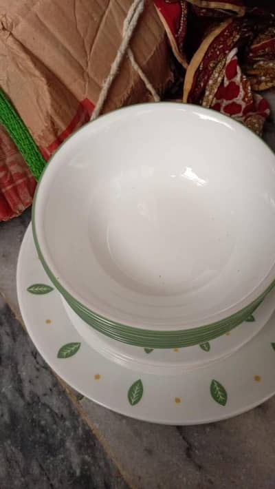 Elegant White Dinner Set with Green Leaf Design – Excellent Condition