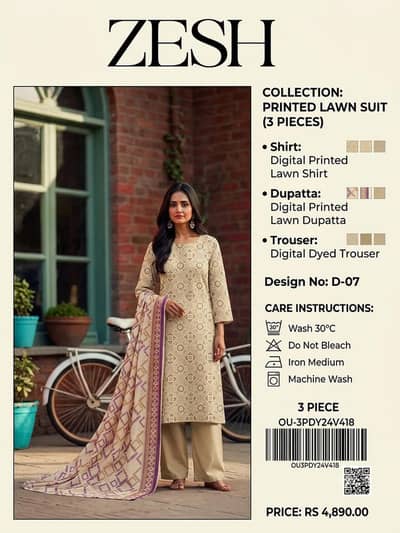 ZESH Original 3-Piece Printed Lawn Suit (Design D-07) 