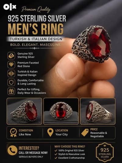 925 sterling silver Men's-Ring-Turkish & italian Design | Red Zircon