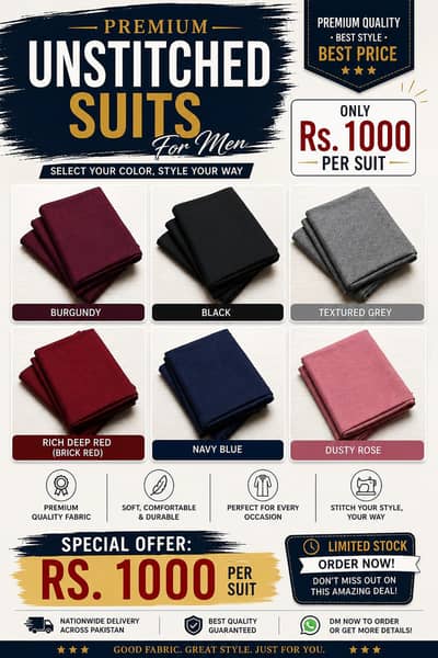 Premium Men's Unstitched Suit Fabric – Rs. 1000 Only