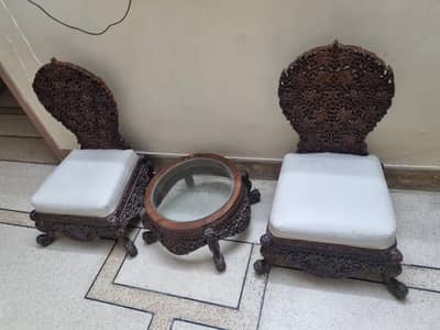Chinioti Carved Chairs + Center Table